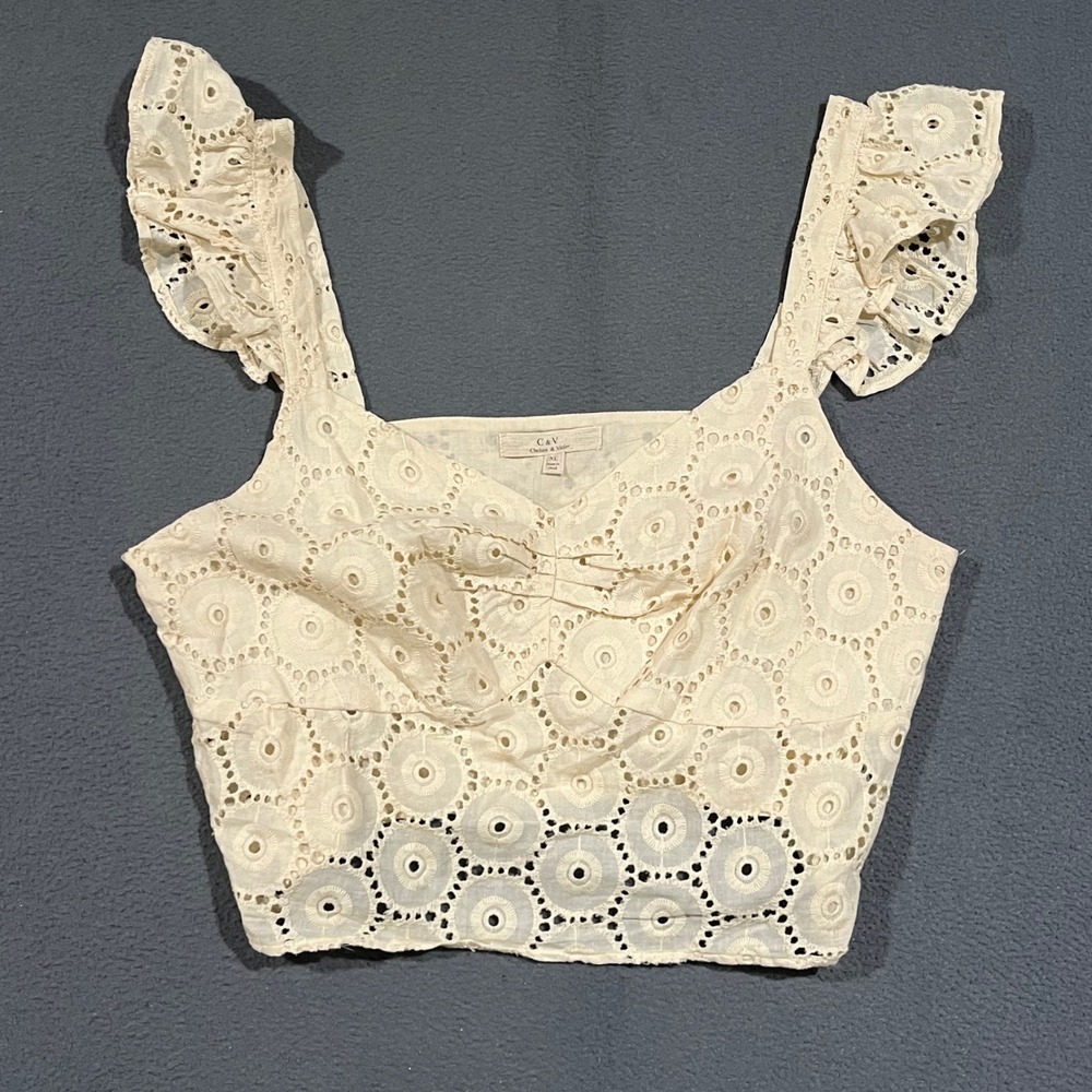 Chelsea & Violet Eyelet Crop Top Women XL Cream Ruffle Sleeve Boho V1367EBL